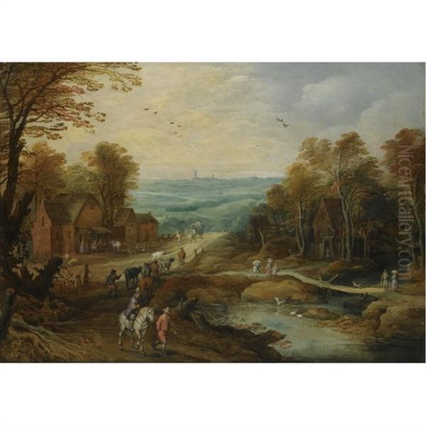 An Autumn Landscape With Travellers And Herdsmen On A Path, A Country Inn Beyond Oil Painting by Joos de Momper the Younger