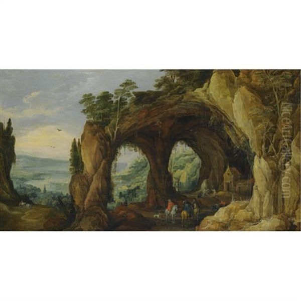 An Extensive River Landscape With Horsemen Before A Rocky Arch In The Foreground Oil Painting by Joos de Momper the Younger