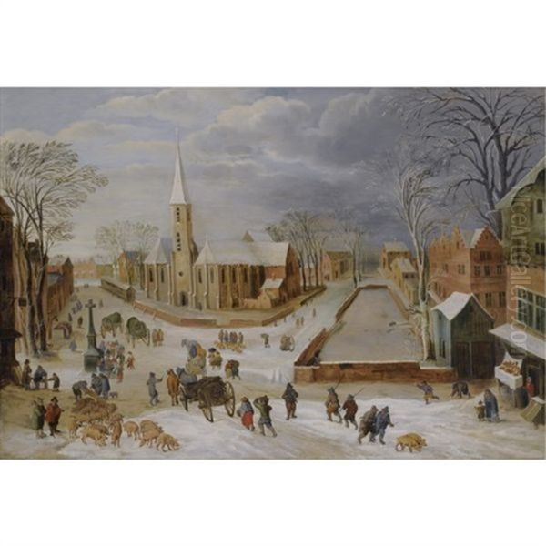 An Urban Winter Landscape With A Farrow Of Pigs In The Foreground Oil Painting by Joos de Momper the Younger