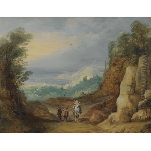 An Extensive Rocky Landscape With Two Monks And A Horseman In The Foreground Oil Painting by Joos de Momper the Younger