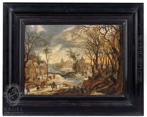 Winterlandschaft Mit Einem Dorf Und Zahlreichen Figuren Oil Painting by Joos de Momper the Younger