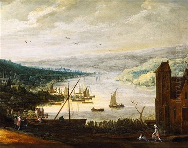 Flusstal Mit Bootshafen In Einer Weiten Gebirgslandschaft Oil Painting by Joos de Momper the Younger