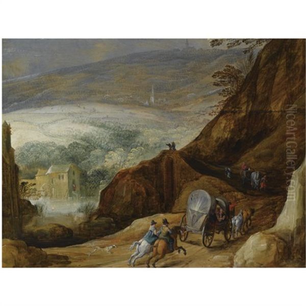 A Mountainous Landscape With Horsemen And Travellers In A Horse-drawn Wagon And A Horse-drawn Cart On A Path, A Watermill Beyond Oil Painting by Joos de Momper the Younger