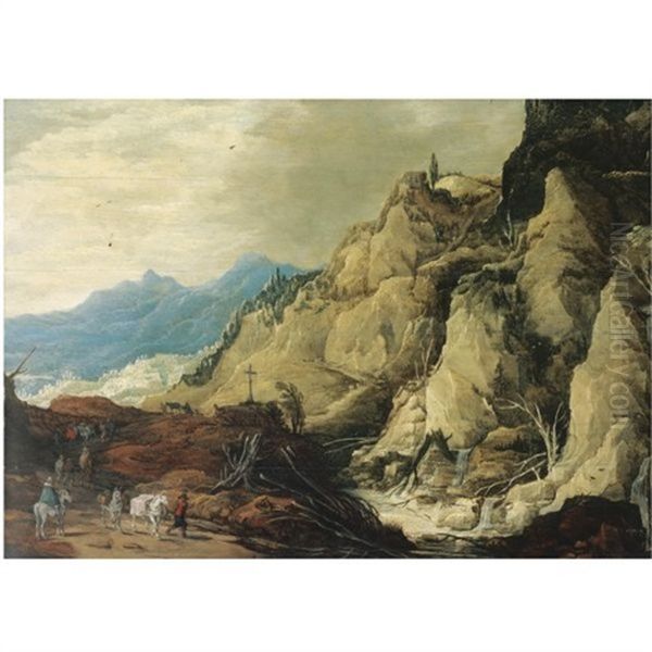 A Mountainous Landscape With Travellers On A Path By A Rocky Waterfall (collab. W/jan Brueghel The Younger) Oil Painting by Joos de Momper the Younger