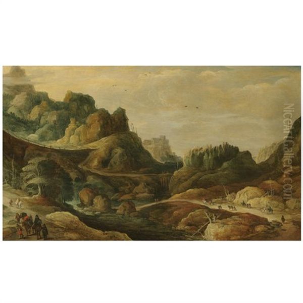 A Mountainous Landscape, With Many Figures On A Road Passing Along Each Bank Of A River Oil Painting by Joos de Momper the Younger