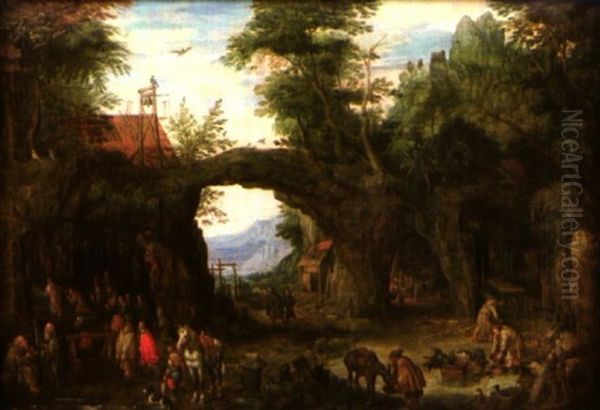 Paysage De Montagne Avec Des Pelerins Assistant A Une Messe Dans Une Grotte Oil Painting by Joos de Momper the Younger