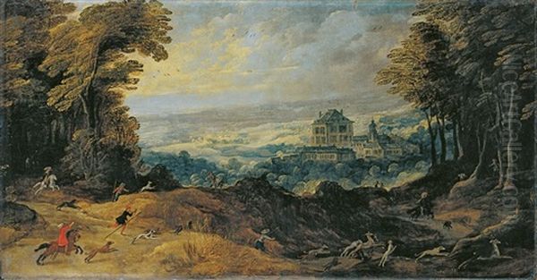 Gebirgslandschaft Mit Jager Vor Schloss Mariemont Oil Painting by Joos de Momper the Younger