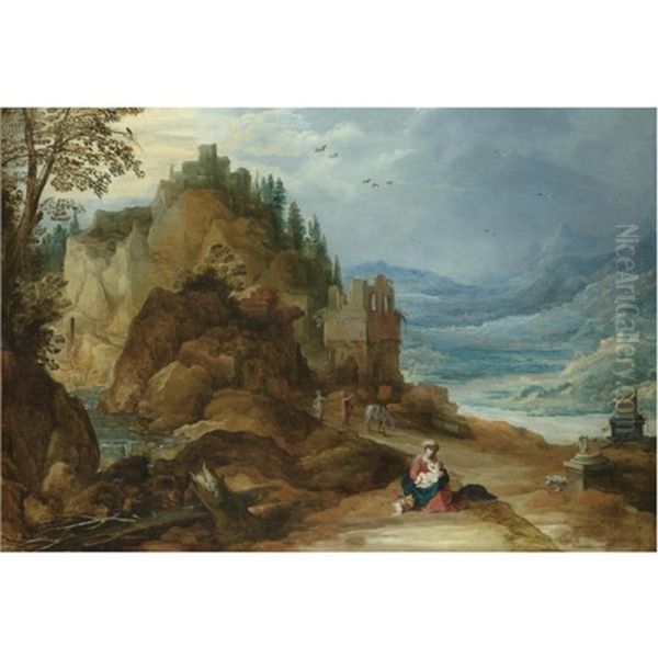 A Mountainous River Landscape With The Rest On The Flight Into Egypt Oil Painting by Joos de Momper the Younger