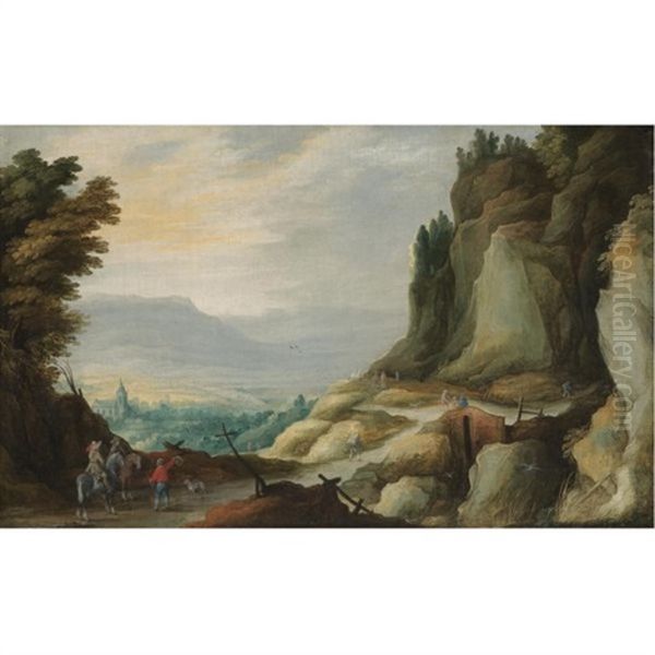 An Extensive Rocky Landscape With Travellers On A Path In The Foreground Oil Painting by Joos de Momper the Younger