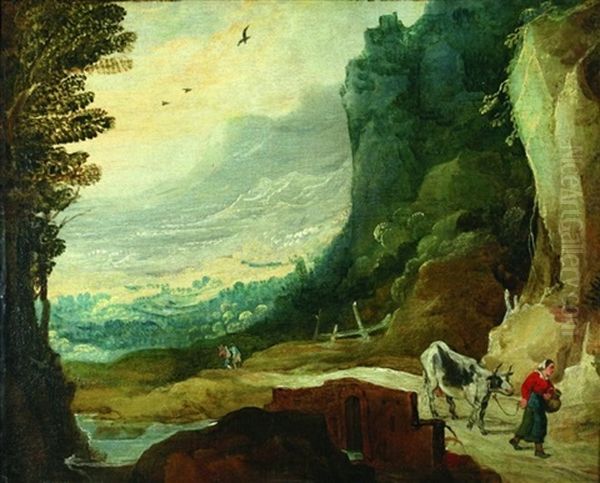 Gebirgige Landschaft Mit Bauerin Und Kuh Oil Painting by Joos de Momper the Younger