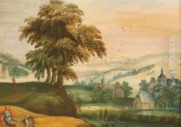 A Hilly River Landscape With A Resting Soldier And His Dogs Oil Painting by Joos de Momper the Younger