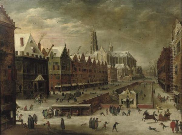 Flemish Town In The Winter (collab. W/peter Snayers) Oil Painting by Joos de Momper the Younger