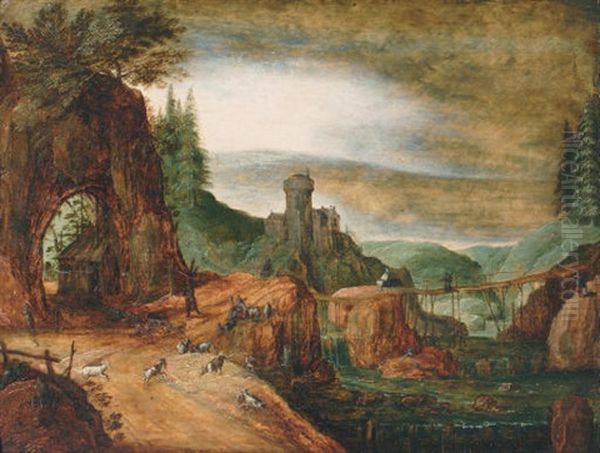 A Rocky River Landscape With Peasants And Their Goats By A Path, A Fortified Dwelling Beyond Oil Painting by Joos de Momper the Younger