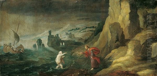 Kustenlandschaft Mit Biblischer Staffage (jesus Und Der Im Wasser Versinkende Petrus) Oil Painting by Joos de Momper the Younger