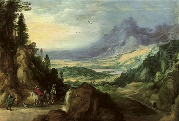 A Mountainous Landscape With Horsemen Meeting A Beggar On A Path, A Lake In The Distance Oil Painting by Joos de Momper the Younger