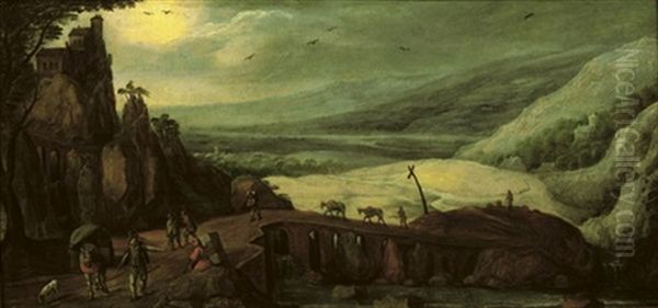 An Extensive Landscape With Travellers On A Bridge, Mountains Beyond Oil Painting by Joos de Momper the Younger