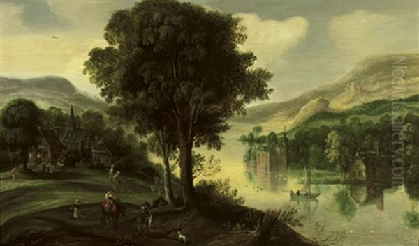 A Wooded River Landscape With Peasants On A Track And Hunters In A Boat, A Village And Castle Beyond Oil Painting by Joos de Momper the Younger