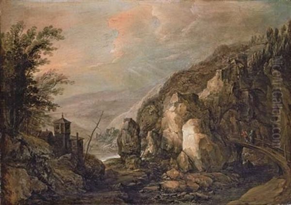 An Extensive Rocky Landscape With Peasants Crossing A Bridge, A Fortified Tower Beyond Oil Painting by Joos de Momper the Younger