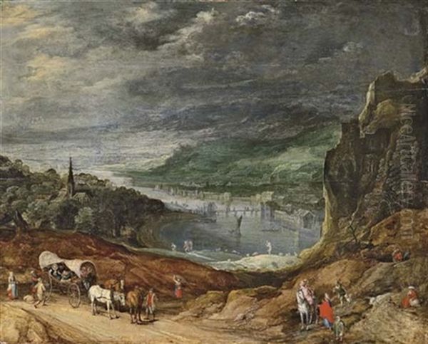 A Mountainous River Landscape With Travellers In A Carriage On A Path, With A Town Beyond (collab. W/circle Of Jan Breughel Ii) Oil Painting by Joos de Momper the Younger