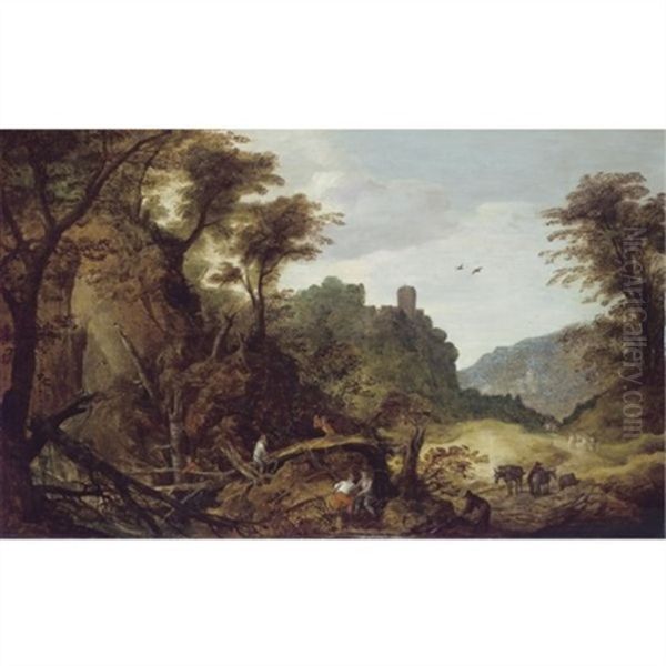 A Mountainous Landscape With Foresters, A Clifftop Castle Beyond Oil Painting by Joos de Momper the Younger