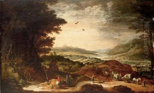 Peasants In Wagons And Pilgrim Hermits In An Extensive River Landscape Oil Painting by Joos de Momper the Younger