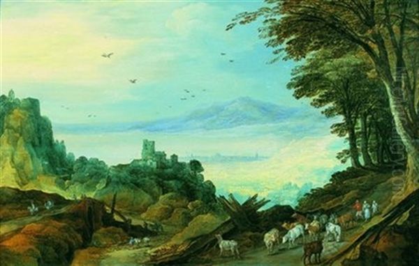 Berger Conduisant Son Troupeau Dans Un Paysage Lacustre (collab. W/jan Breughel The Younger) Oil Painting by Joos de Momper the Younger