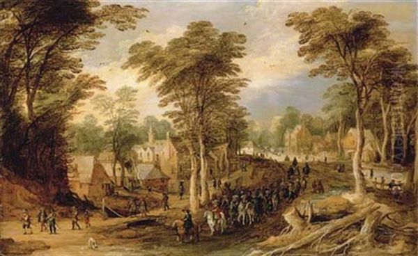 A Village Landscape With A Troup Of Cavalry And Soldiers On A Path Oil Painting by Joos de Momper the Younger