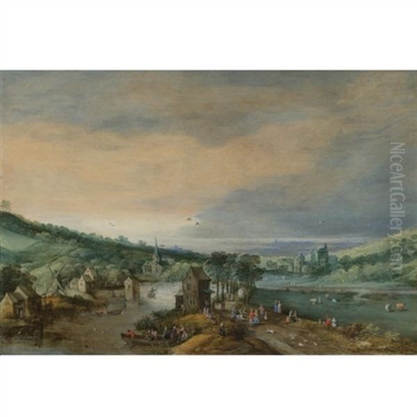 A River Landscape With Figures On A Road Passing A Town, And A Distant View Of The Sea ( Collab. W/ Jan Brueghel The Elder) Oil Painting by Joos de Momper the Younger