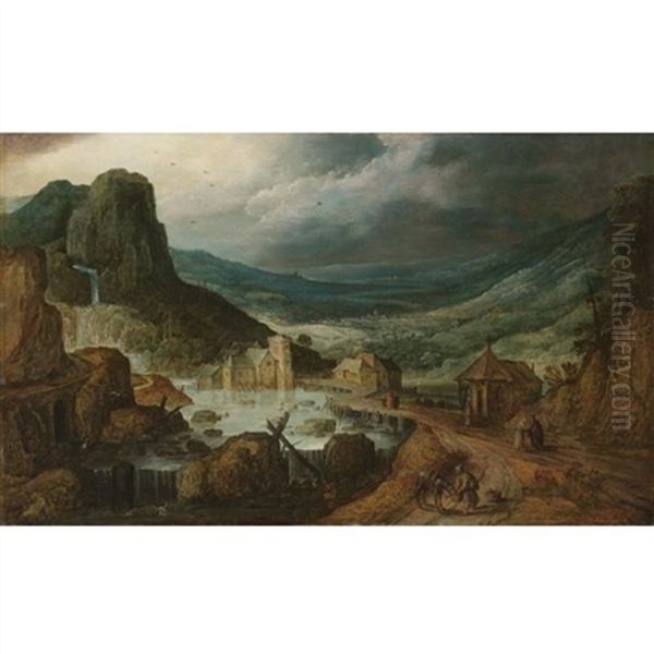 A Mountainous Landscape With A Wooden Bridge Crossing A River, And A Monk Feeding His Donkey Oil Painting by Joos de Momper the Younger