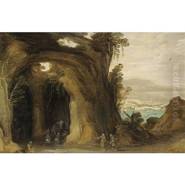 A Landscape With Pilgrims Attending A Service In A Grotto, A Monk Reading In The Foreground Oil Painting by Joos de Momper the Younger