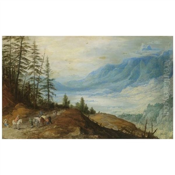 A Mountainous Landscape With Travellers On A Road In The Foreground, A Large Lake Below And Beyond Oil Painting by Joos de Momper the Younger