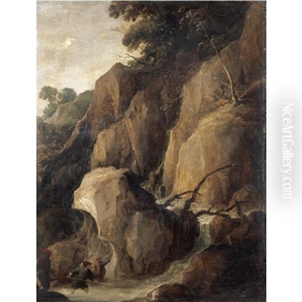 A Rocky Torrent With Fishermen Oil Painting by Joos de Momper the Younger