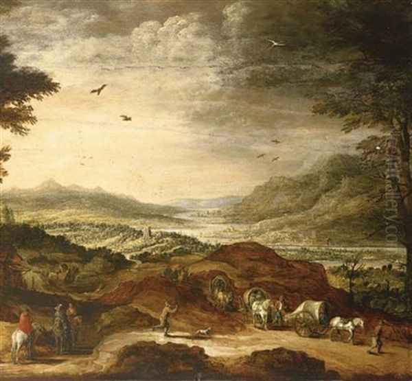 Peasants In Wagons And Pilgrim Hermits In An Extensive River Landscape Oil Painting by Joos de Momper the Younger