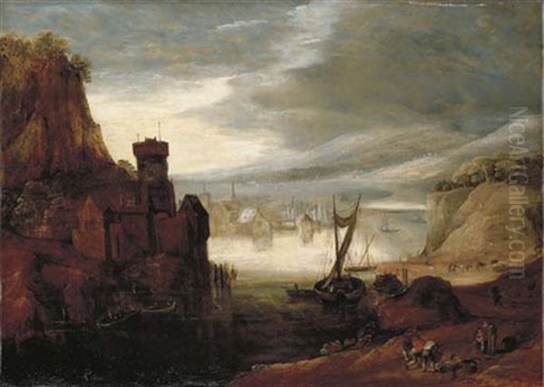 An Extensive River Landscape With Fishermen On The Shore And Peasants By A Fortified Dwelling Oil Painting by Joos de Momper the Younger