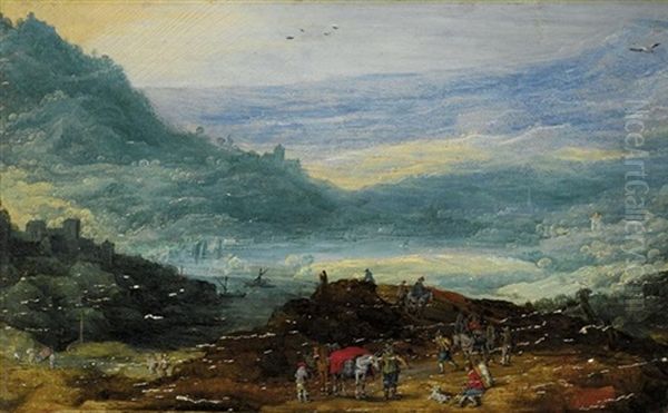 A Mountainous Landscape With A Group Of Travellers In The Foreground, A Lake And Town In The Distance Oil Painting by Joos de Momper the Younger