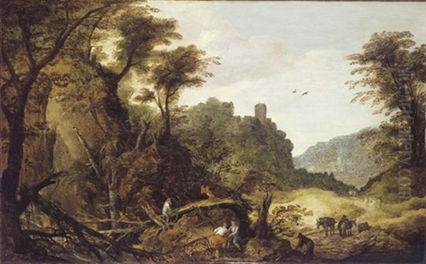 A Mountainous Landscape With Forresters, A Clifftop Castle Beyond Oil Painting by Joos de Momper the Younger