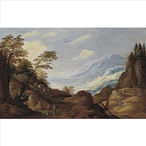 Travellers In A Mountainous Landscape Oil Painting by Joos de Momper the Younger