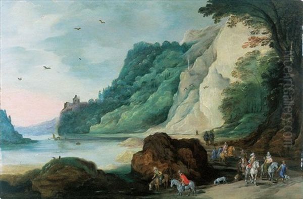 A Mountainous Landscape With Horsemen And Other Figures Beside A River (collab. W/jan Brueghel The Younger) Oil Painting by Joos de Momper the Younger