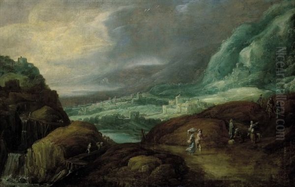 Weite Gebirgslandschaft Mit Einem Wasserfall, Einer Befestigten Stadt, Einem Kastell Und Reisenden Oil Painting by Joos de Momper the Younger