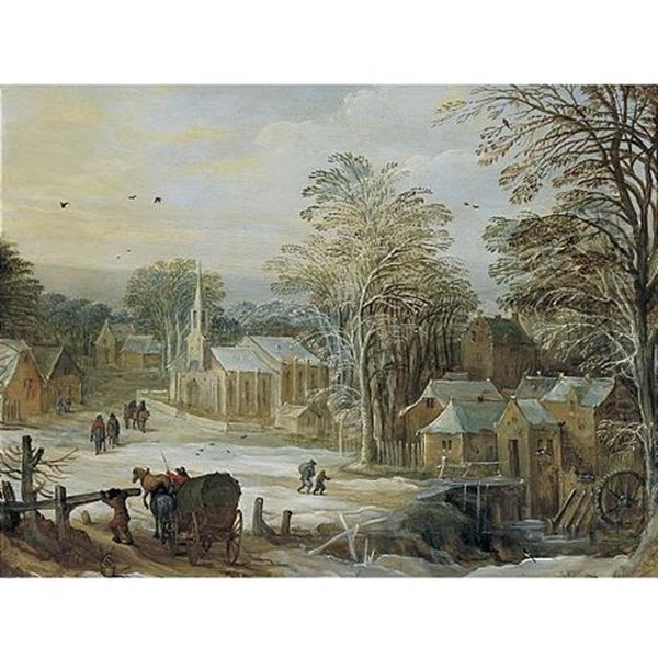 Winter Village With A Water Mill Oil Painting by Joos de Momper the Younger