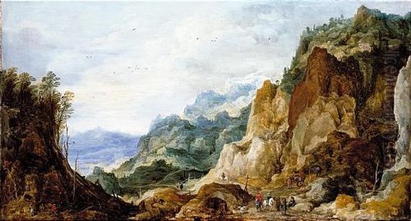 A Panoramic Mountainous Landscape With Journeymen Giving To The Poor, Packhorses Beyond Oil Painting by Joos de Momper the Younger