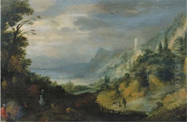 A Wooded Landscape With Travellers On A Path, Herdsmen Beyond And Mountains In The Distance Oil Painting by Joos de Momper the Younger