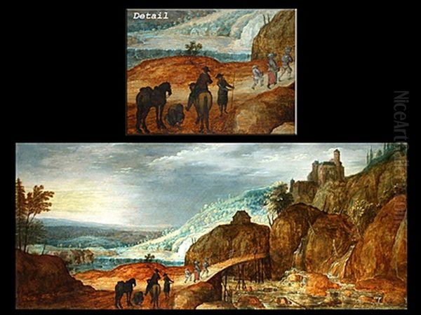 Felslandschaft Mit Holzsteg Und Reisenden Oil Painting by Joos de Momper the Younger