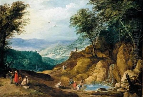 An Extensive Mountainous Landscape With Washerwomen And Other Figures Resting By A Waterfall Oil Painting by Joos de Momper the Younger