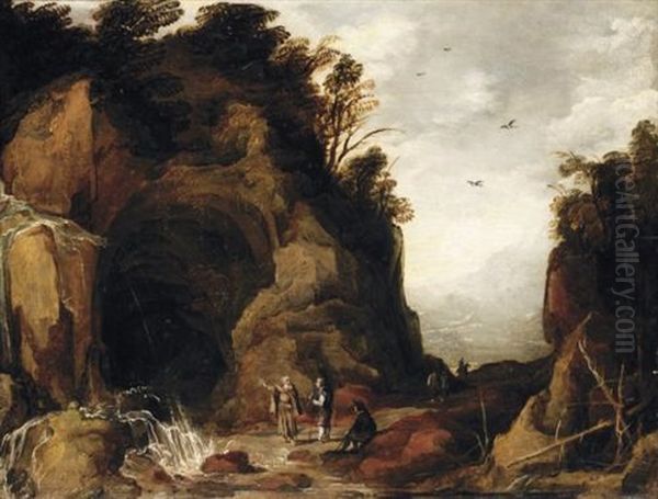 A Mountainous Landscape With Travellers And A Hermit Outside A Cave With A Waterfall Oil Painting by Joos de Momper the Younger