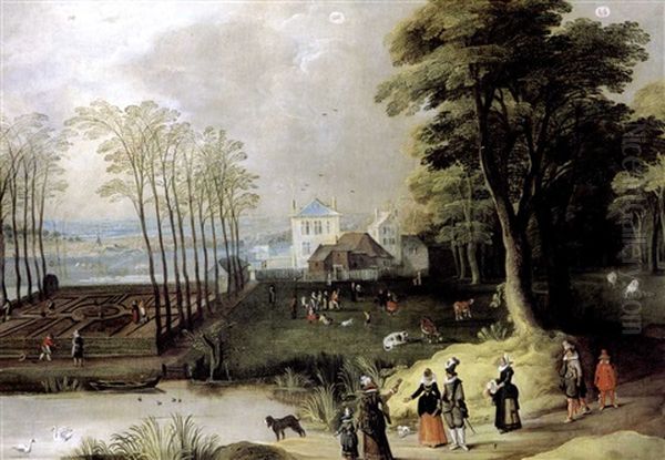 Paysage De La Campagne Anversoise Anime De Personnages Avec Les Themes Astraux Des Gemeaux, Belier Et Capricorne Dans Le Ciel Oil Painting by Joos de Momper the Younger