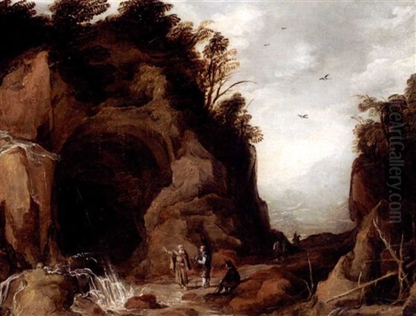 A Mountainous Landscape With Travellers And A Hermit Outside A Cave With A Waterfall Oil Painting by Joos de Momper the Younger