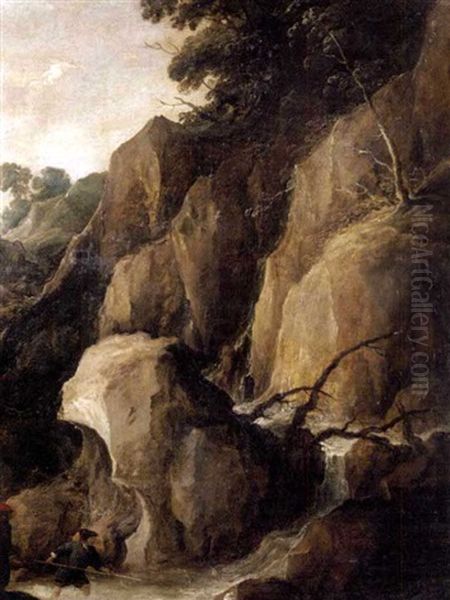 A Rocky Torrent With Fishermen Oil Painting by Joos de Momper the Younger