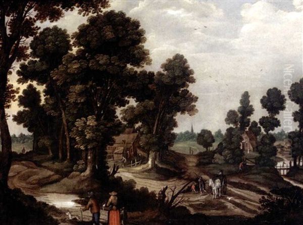 A Village Scene With A Family Walking On A Path In The Foreground by Joos de Momper the Younger