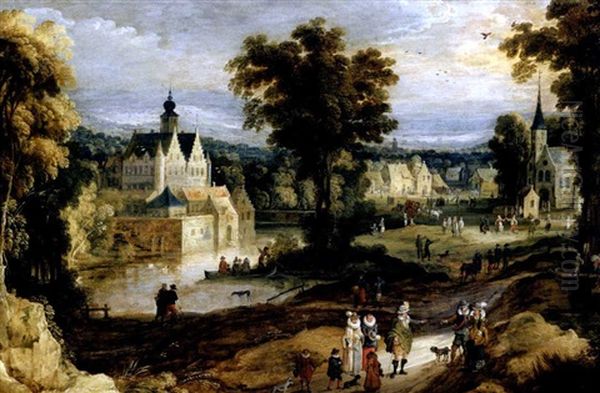 A Landscape With A Castle On A River And Figures Going About Their Daily Activities Oil Painting by Joos de Momper the Younger